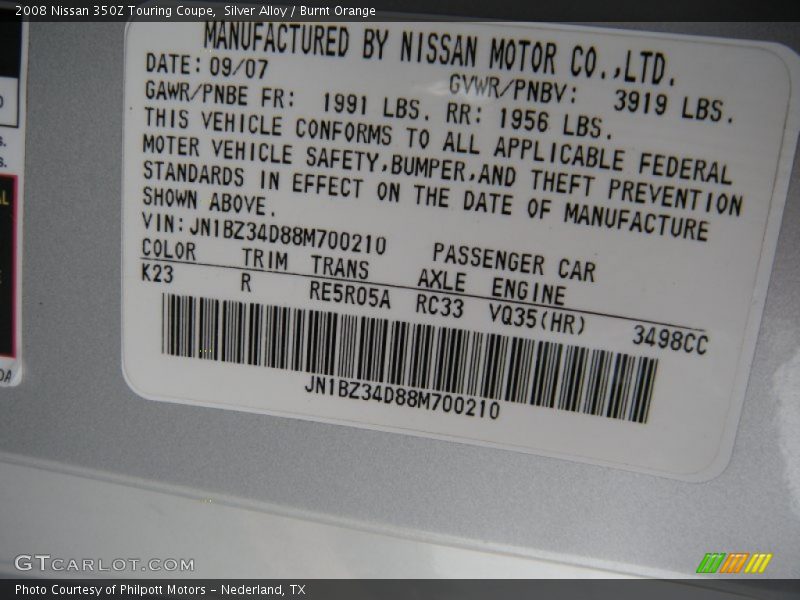 Silver Alloy / Burnt Orange 2008 Nissan 350Z Touring Coupe