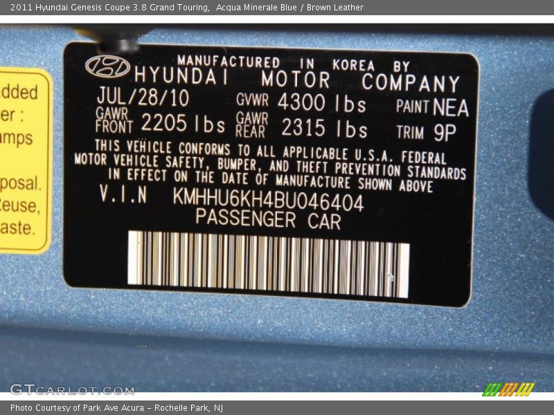 Acqua Minerale Blue / Brown Leather 2011 Hyundai Genesis Coupe 3.8 Grand Touring