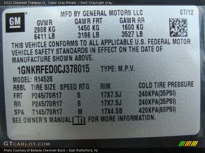 Cyber Gray Metallic / Dark Gray/Light Gray 2012 Chevrolet Traverse LS
