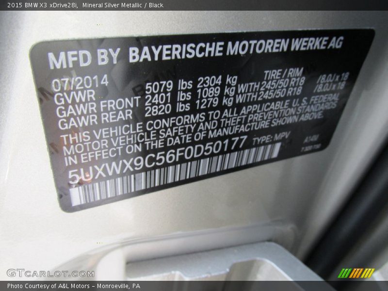 Mineral Silver Metallic / Black 2015 BMW X3 xDrive28i