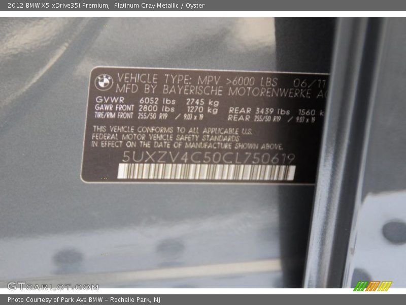 Platinum Gray Metallic / Oyster 2012 BMW X5 xDrive35i Premium