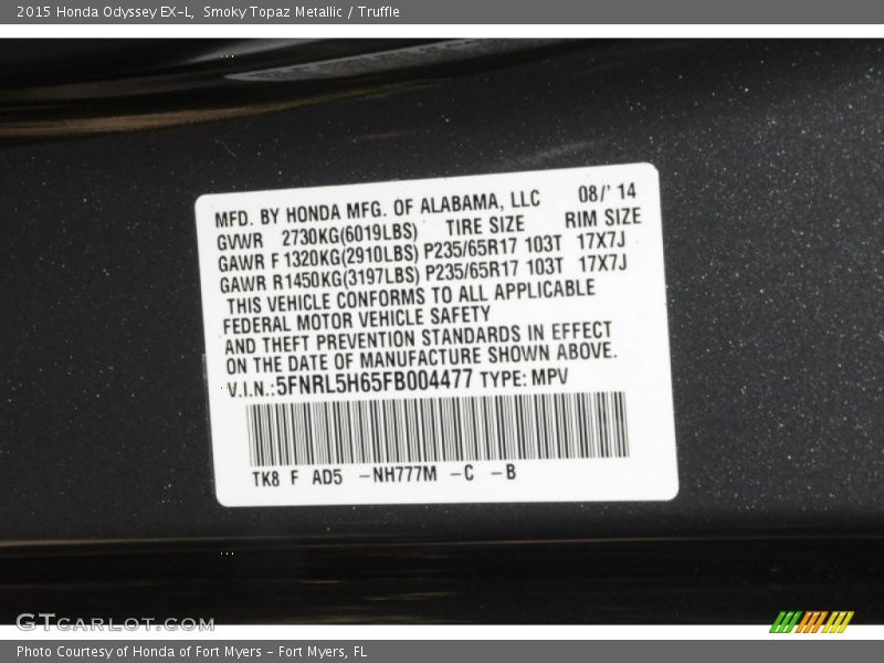 Smoky Topaz Metallic / Truffle 2015 Honda Odyssey EX-L