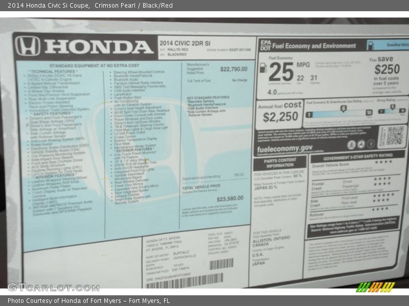  2014 Civic Si Coupe Window Sticker