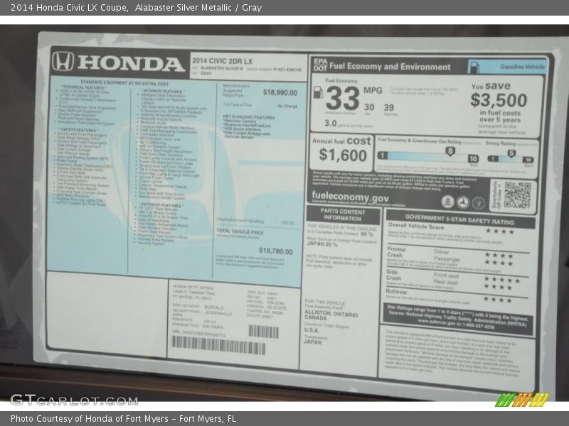 Alabaster Silver Metallic / Gray 2014 Honda Civic LX Coupe