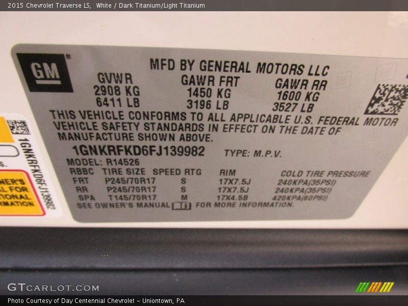 White / Dark Titanium/Light Titanium 2015 Chevrolet Traverse LS
