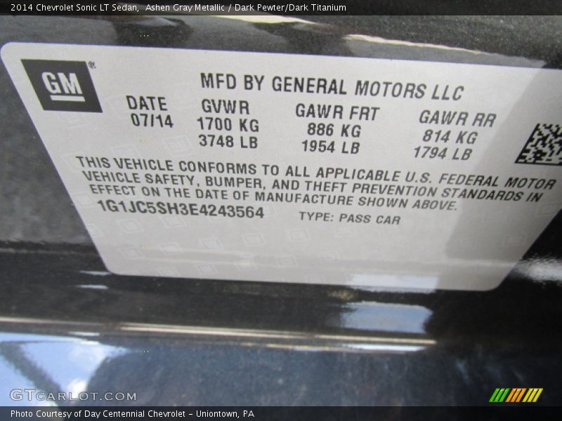Ashen Gray Metallic / Dark Pewter/Dark Titanium 2014 Chevrolet Sonic LT Sedan