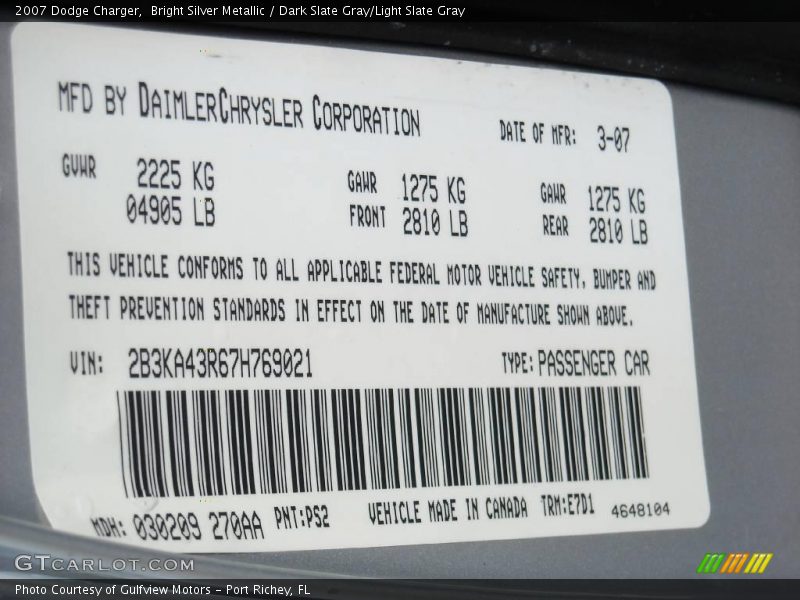 Bright Silver Metallic / Dark Slate Gray/Light Slate Gray 2007 Dodge Charger