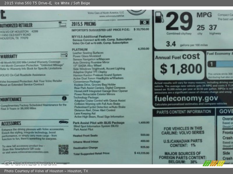  2015 S60 T5 Drive-E Window Sticker