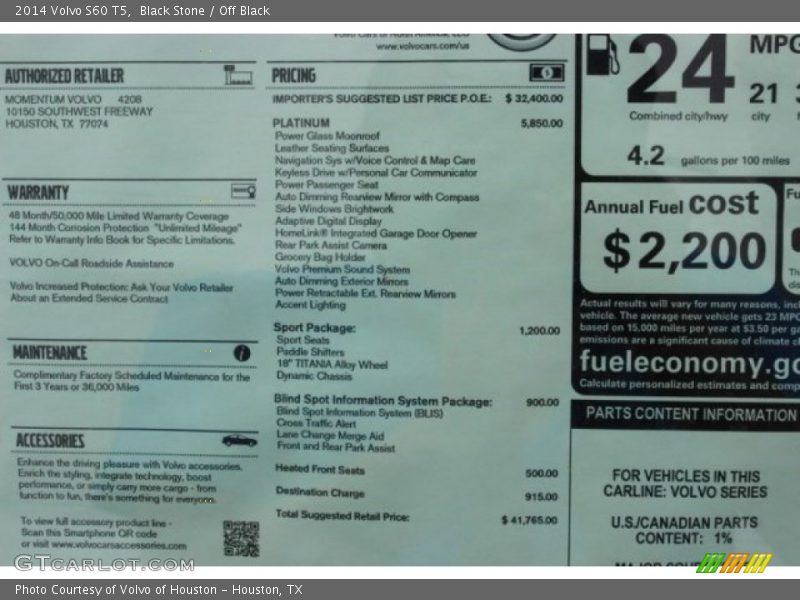  2014 S60 T5 Window Sticker