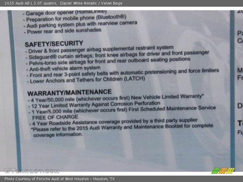 Glacier White Metallic / Velvet Beige 2015 Audi A8 L 3.0T quattro