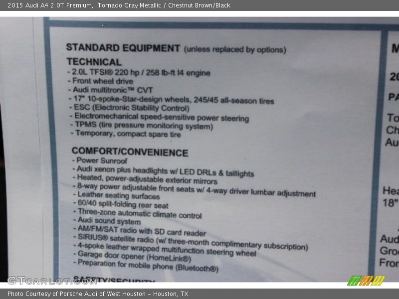 Tornado Gray Metallic / Chestnut Brown/Black 2015 Audi A4 2.0T Premium