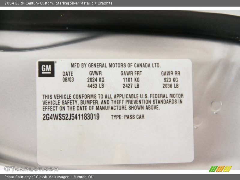 Sterling Silver Metallic / Graphite 2004 Buick Century Custom