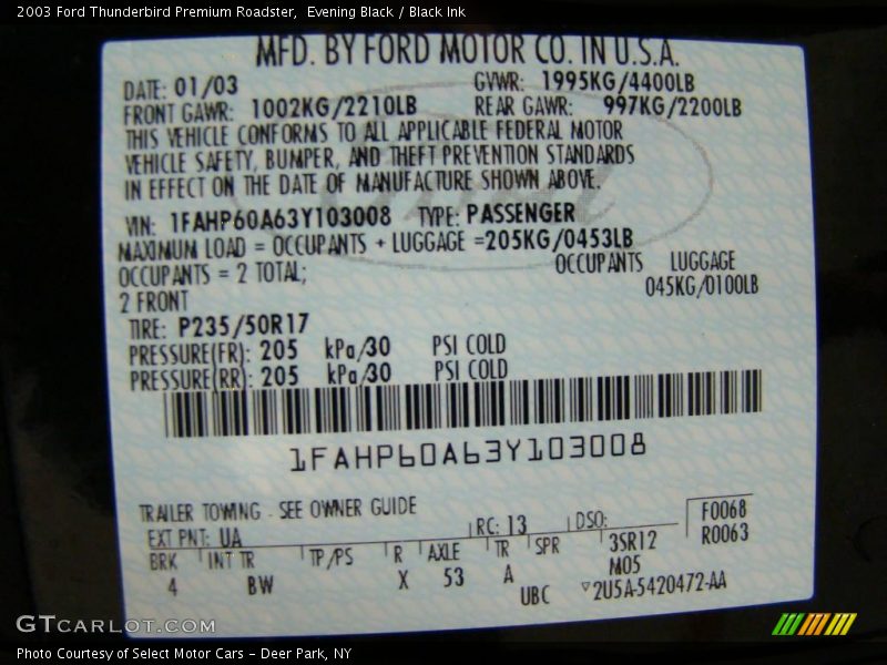 Evening Black / Black Ink 2003 Ford Thunderbird Premium Roadster