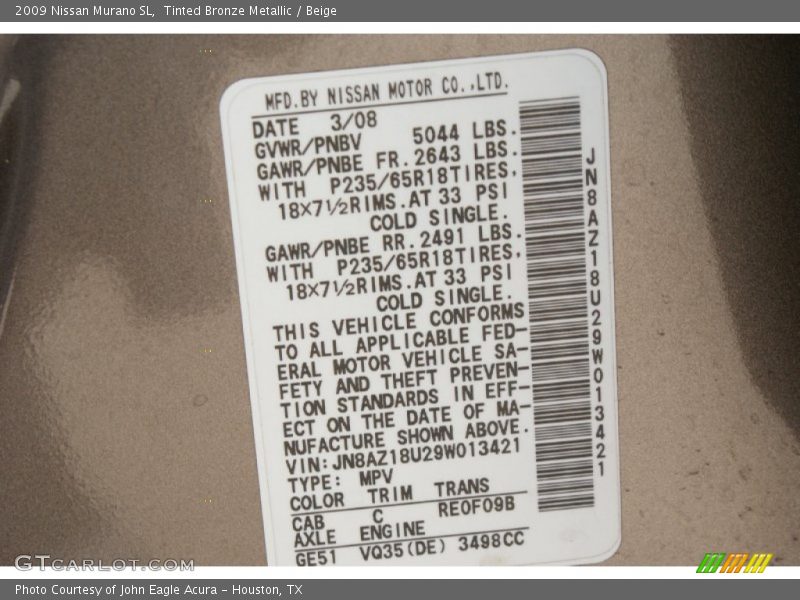 Tinted Bronze Metallic / Beige 2009 Nissan Murano SL