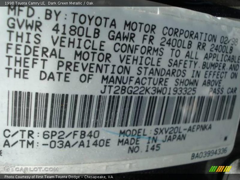 Dark Green Metallic / Oak 1998 Toyota Camry LE
