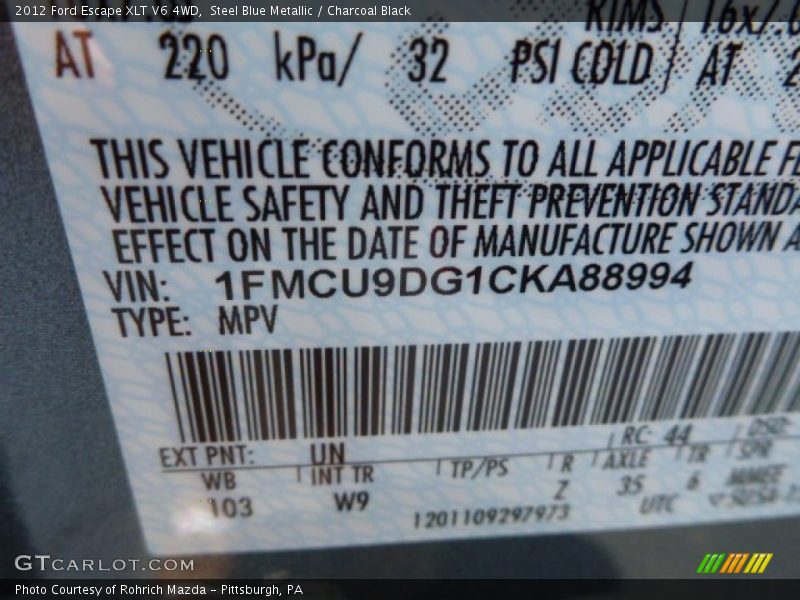Steel Blue Metallic / Charcoal Black 2012 Ford Escape XLT V6 4WD