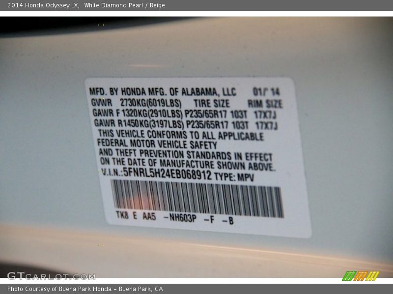 White Diamond Pearl / Beige 2014 Honda Odyssey LX