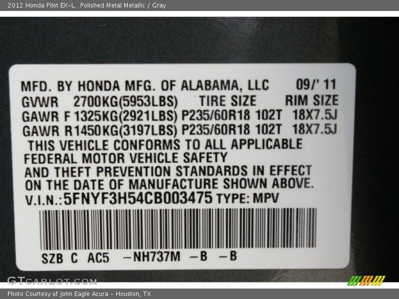 Polished Metal Metallic / Gray 2012 Honda Pilot EX-L