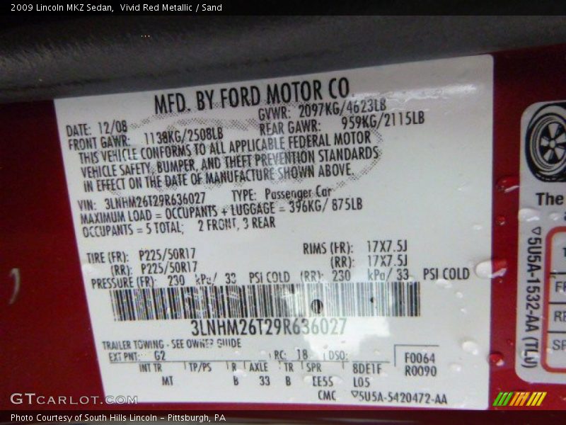 Vivid Red Metallic / Sand 2009 Lincoln MKZ Sedan