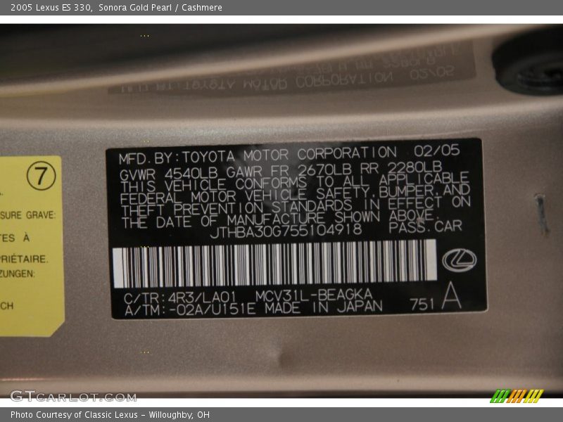 2005 ES 330 Sonora Gold Pearl Color Code 4R3