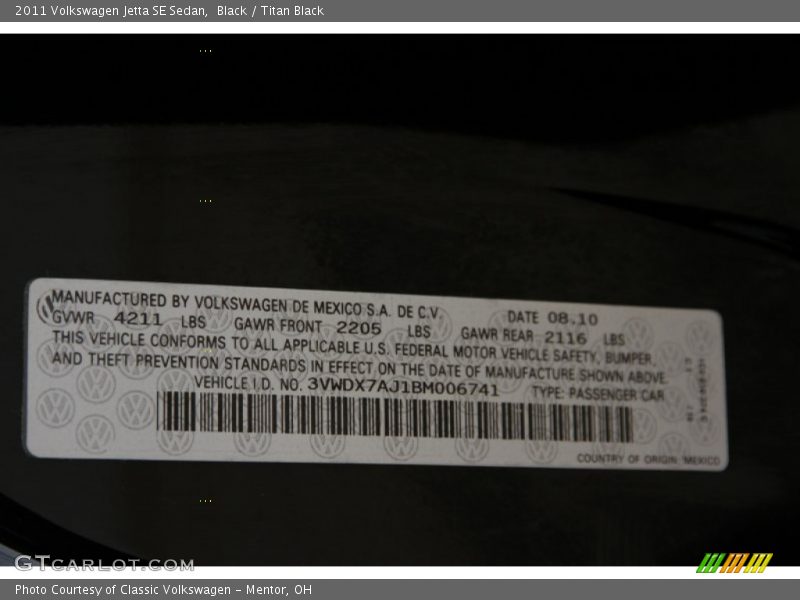 Black / Titan Black 2011 Volkswagen Jetta SE Sedan