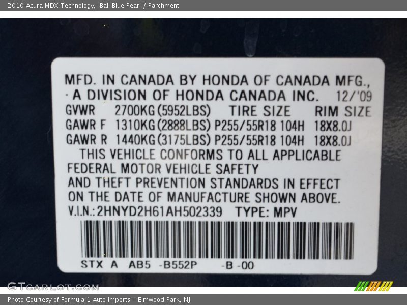 Bali Blue Pearl / Parchment 2010 Acura MDX Technology