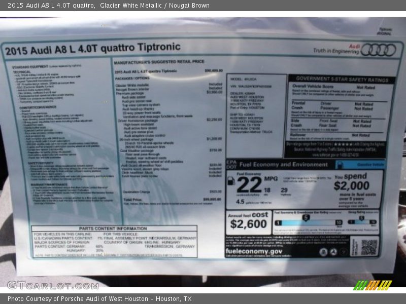  2015 A8 L 4.0T quattro Window Sticker
