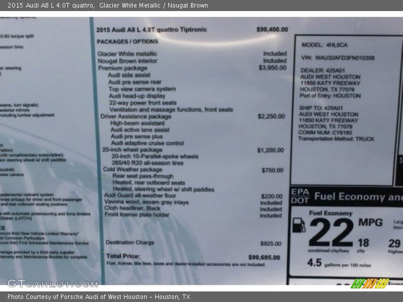  2015 A8 L 4.0T quattro Window Sticker