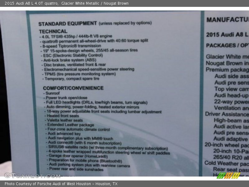  2015 A8 L 4.0T quattro Window Sticker