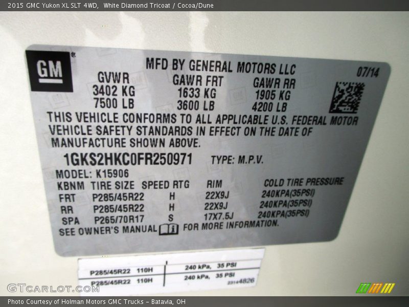 White Diamond Tricoat / Cocoa/Dune 2015 GMC Yukon XL SLT 4WD