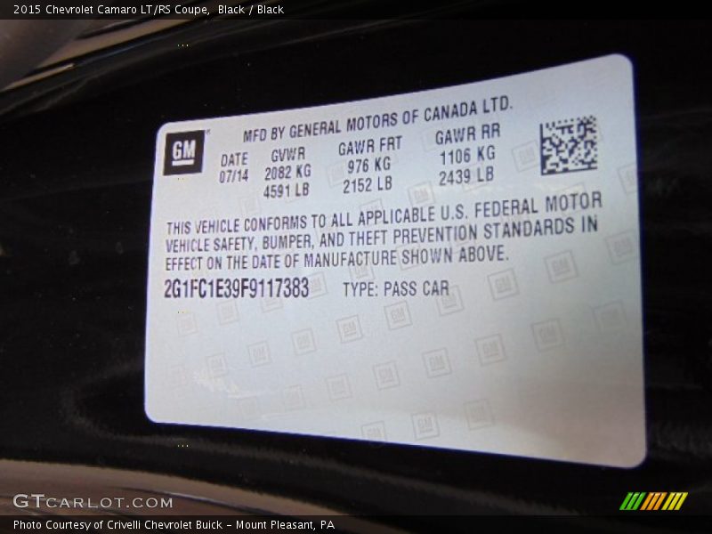Black / Black 2015 Chevrolet Camaro LT/RS Coupe