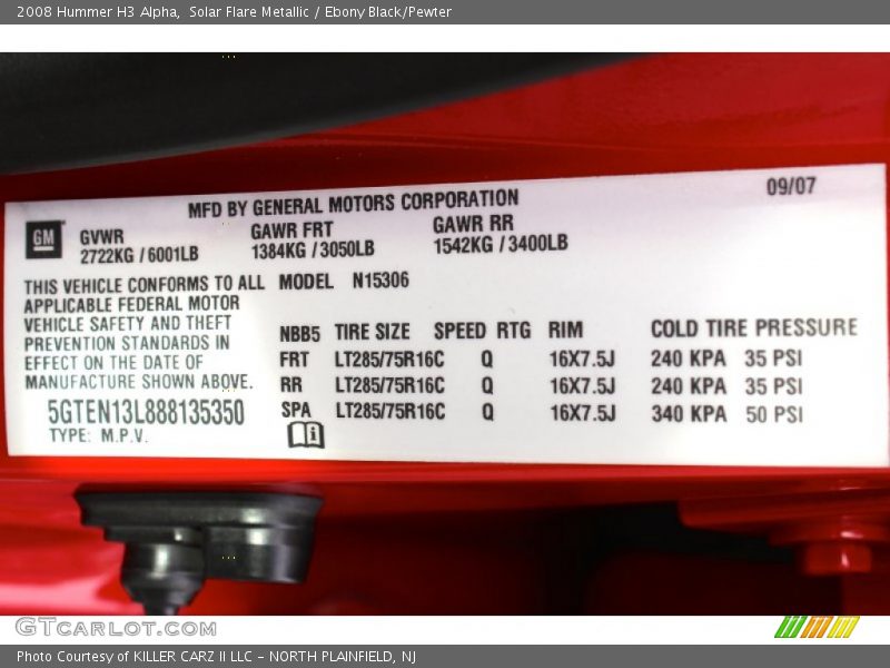Solar Flare Metallic / Ebony Black/Pewter 2008 Hummer H3 Alpha