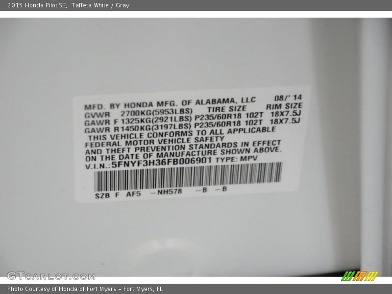 Taffeta White / Gray 2015 Honda Pilot SE