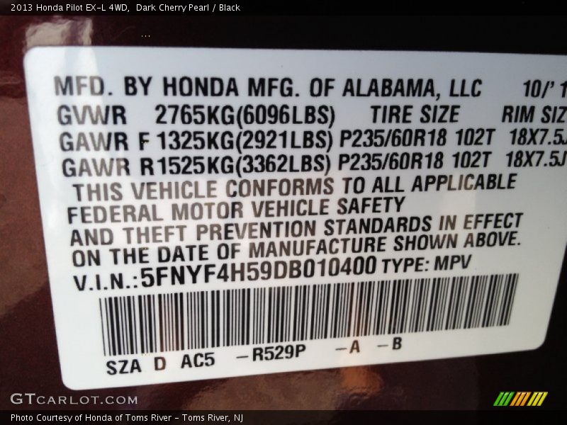 Dark Cherry Pearl / Black 2013 Honda Pilot EX-L 4WD