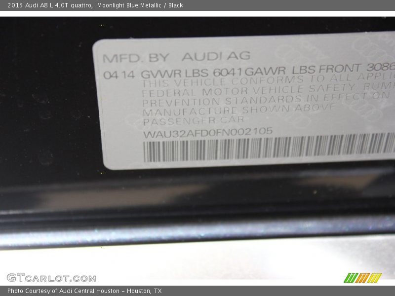 Moonlight Blue Metallic / Black 2015 Audi A8 L 4.0T quattro