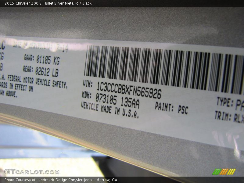 Billet Silver Metallic / Black 2015 Chrysler 200 S