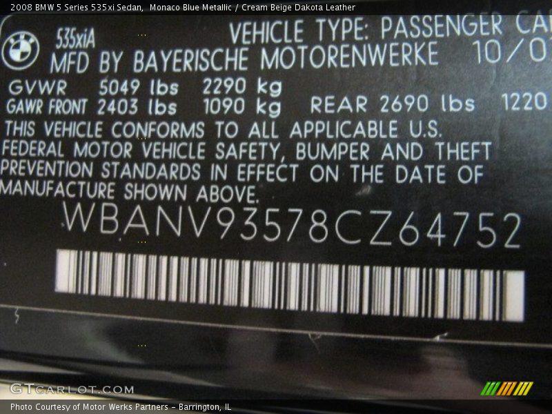 Monaco Blue Metallic / Cream Beige Dakota Leather 2008 BMW 5 Series 535xi Sedan