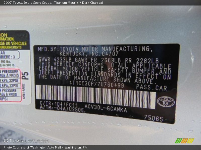 Titanium Metallic / Dark Charcoal 2007 Toyota Solara Sport Coupe