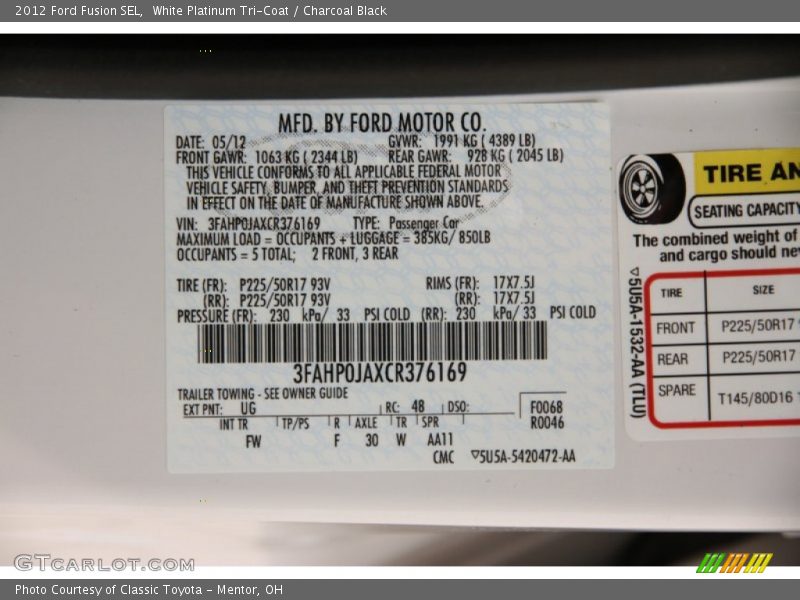 White Platinum Tri-Coat / Charcoal Black 2012 Ford Fusion SEL