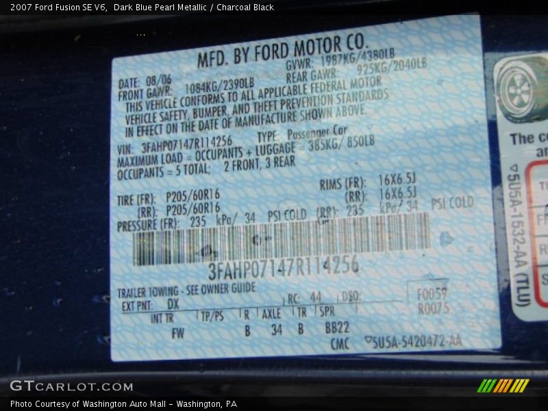 Dark Blue Pearl Metallic / Charcoal Black 2007 Ford Fusion SE V6