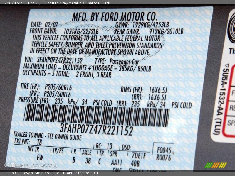 Tungsten Grey Metallic / Charcoal Black 2007 Ford Fusion SE