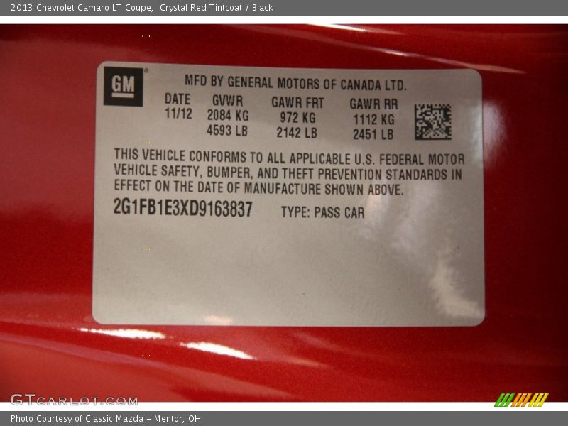 Crystal Red Tintcoat / Black 2013 Chevrolet Camaro LT Coupe