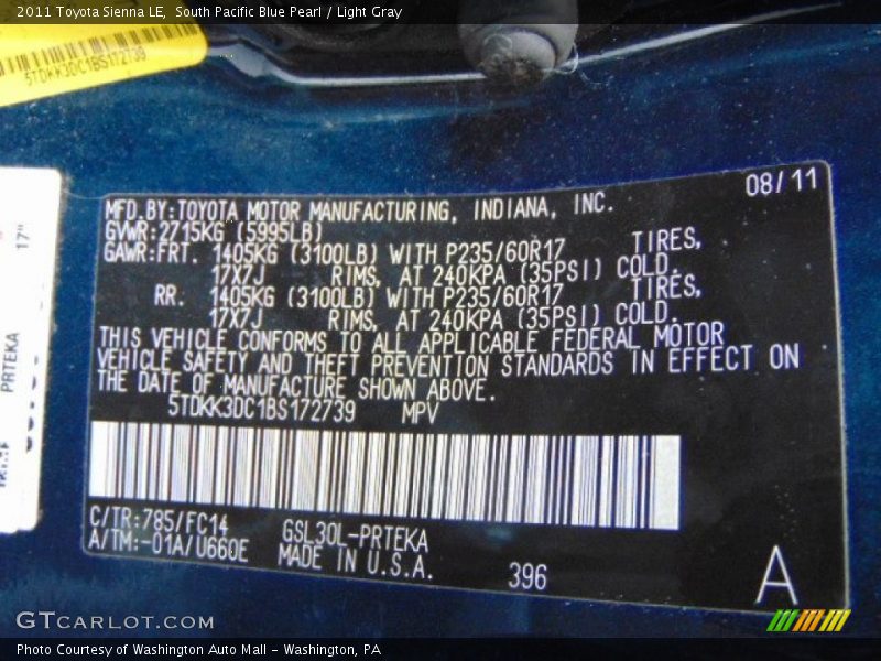 South Pacific Blue Pearl / Light Gray 2011 Toyota Sienna LE