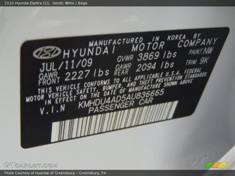 Nordic White / Beige 2010 Hyundai Elantra GLS
