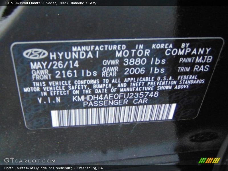 Black Diamond / Gray 2015 Hyundai Elantra SE Sedan