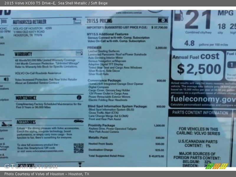  2015 XC60 T5 Drive-E Window Sticker