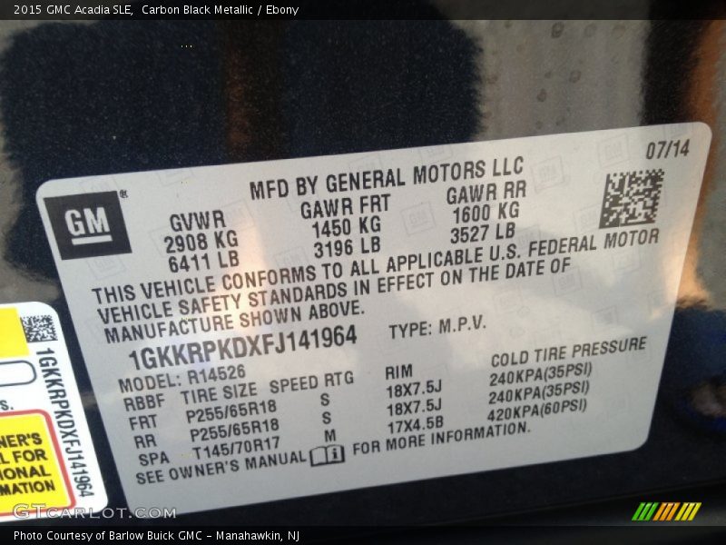 Carbon Black Metallic / Ebony 2015 GMC Acadia SLE