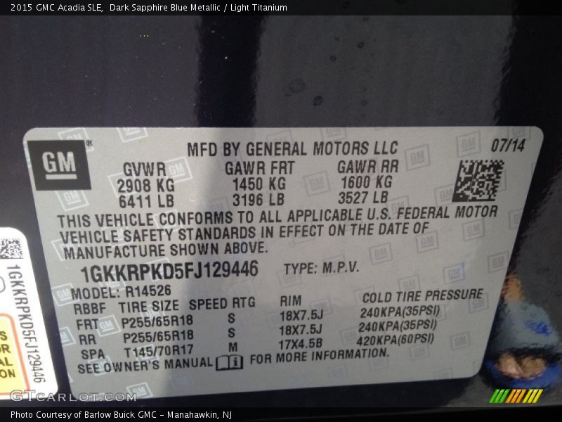 Dark Sapphire Blue Metallic / Light Titanium 2015 GMC Acadia SLE