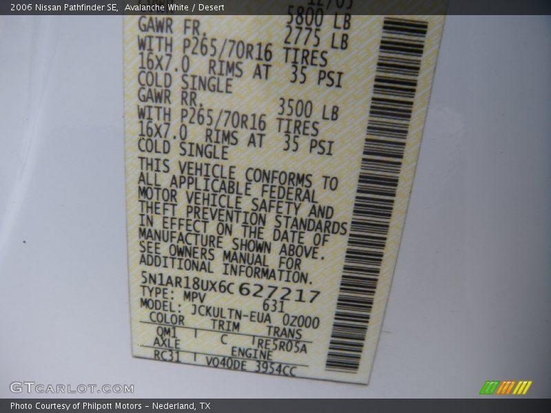 Avalanche White / Desert 2006 Nissan Pathfinder SE