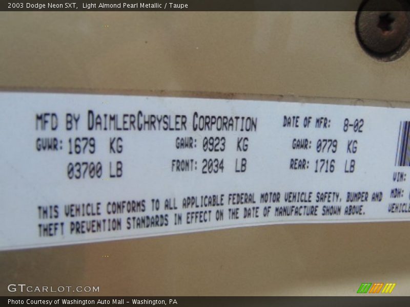 Light Almond Pearl Metallic / Taupe 2003 Dodge Neon SXT